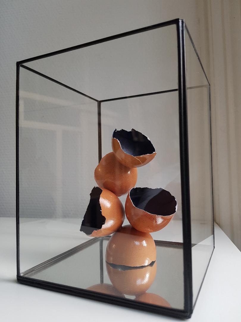 Marije van Rijswijk Ei sculptuur € 85.- incl. vitrine